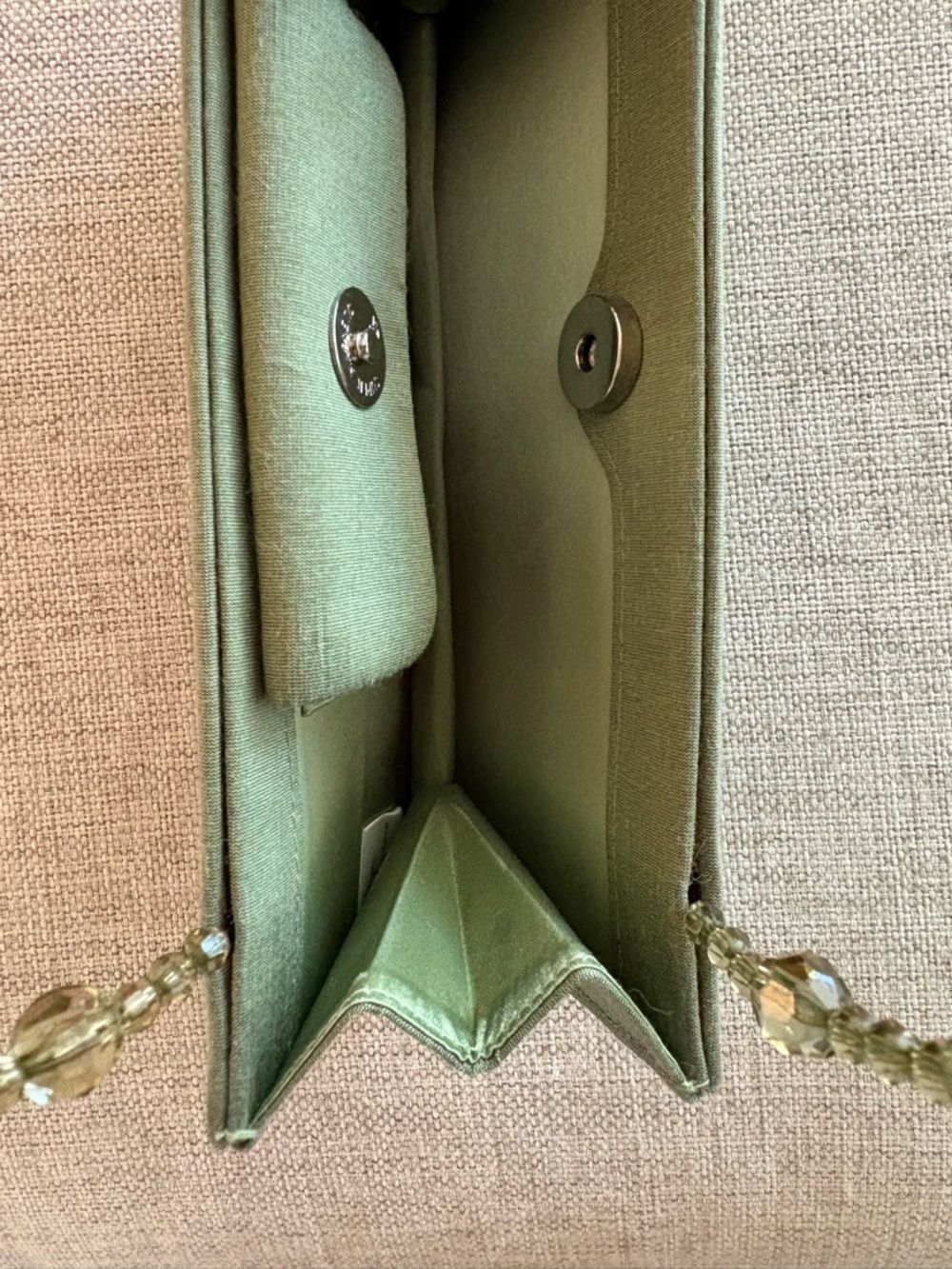 Talbots Sage Green Linen Silk Mini Bag Beaded Handle Structured Evening Clutch - Picture 4 of 10